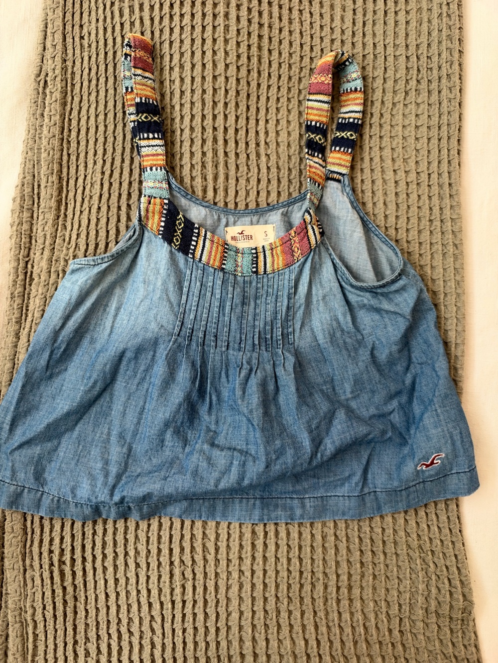 Hollister Women’s Light Blue Denim Tank Dress with Multicolor Woven Straps